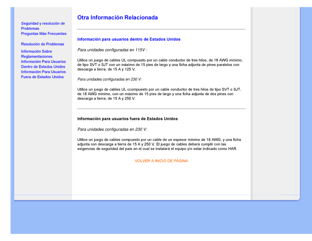 Philips 220CW8 user manual Otra Información Relacionada, Información para usuarios dentro de Estados Unidos 