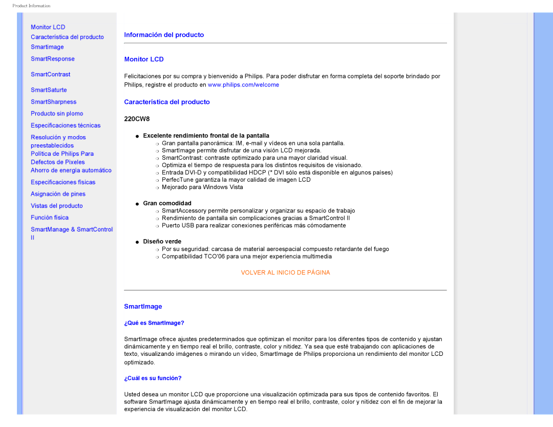 Philips 220CW8 user manual ¿Qué es SmartImage?, ¿Cuál es su función? 