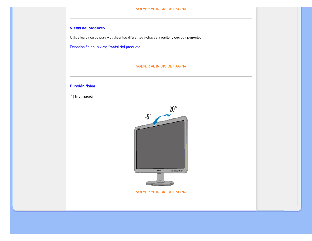 Philips 220CW8 user manual Vistas del producto, Función física, Inclinación 
