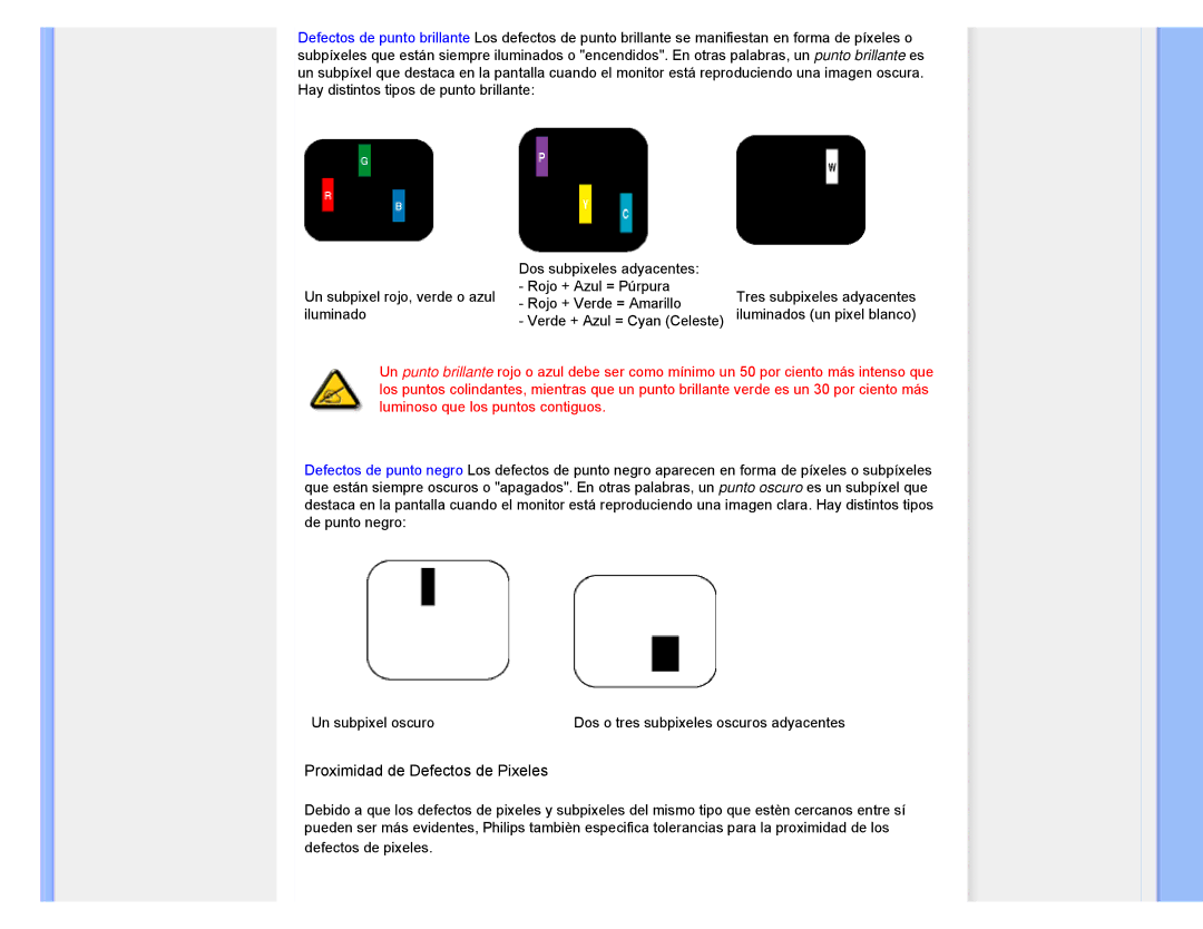 Philips 220CW8 user manual Proximidad de Defectos de Pixeles 