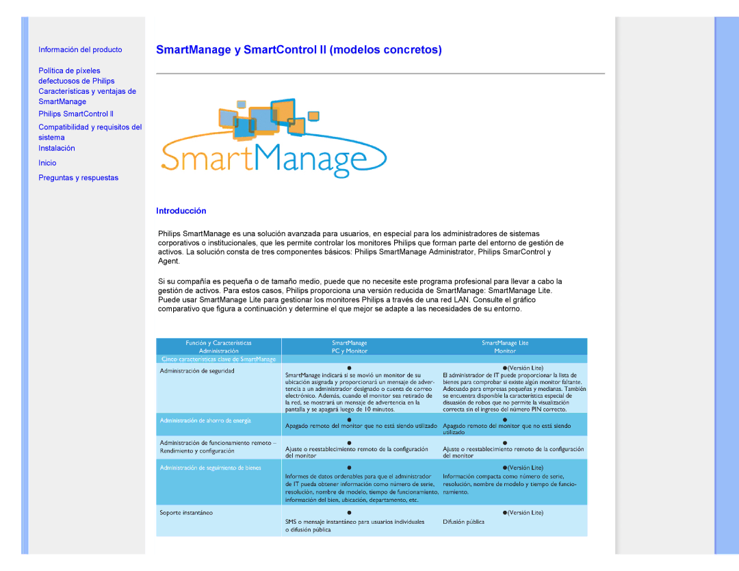 Philips 220CW8 user manual SmartManage y SmartControl II modelos concretos 