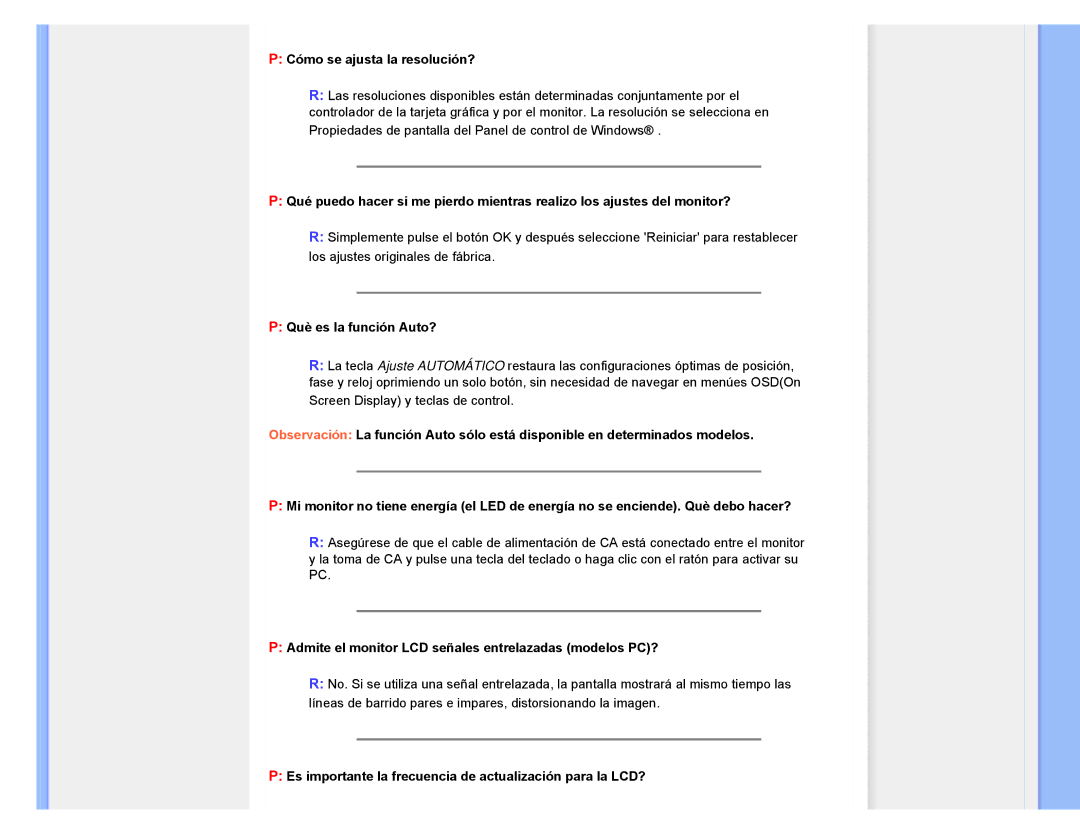 Philips 220CW8 user manual Cómo se ajusta la resolución?, Què es la función Auto? 