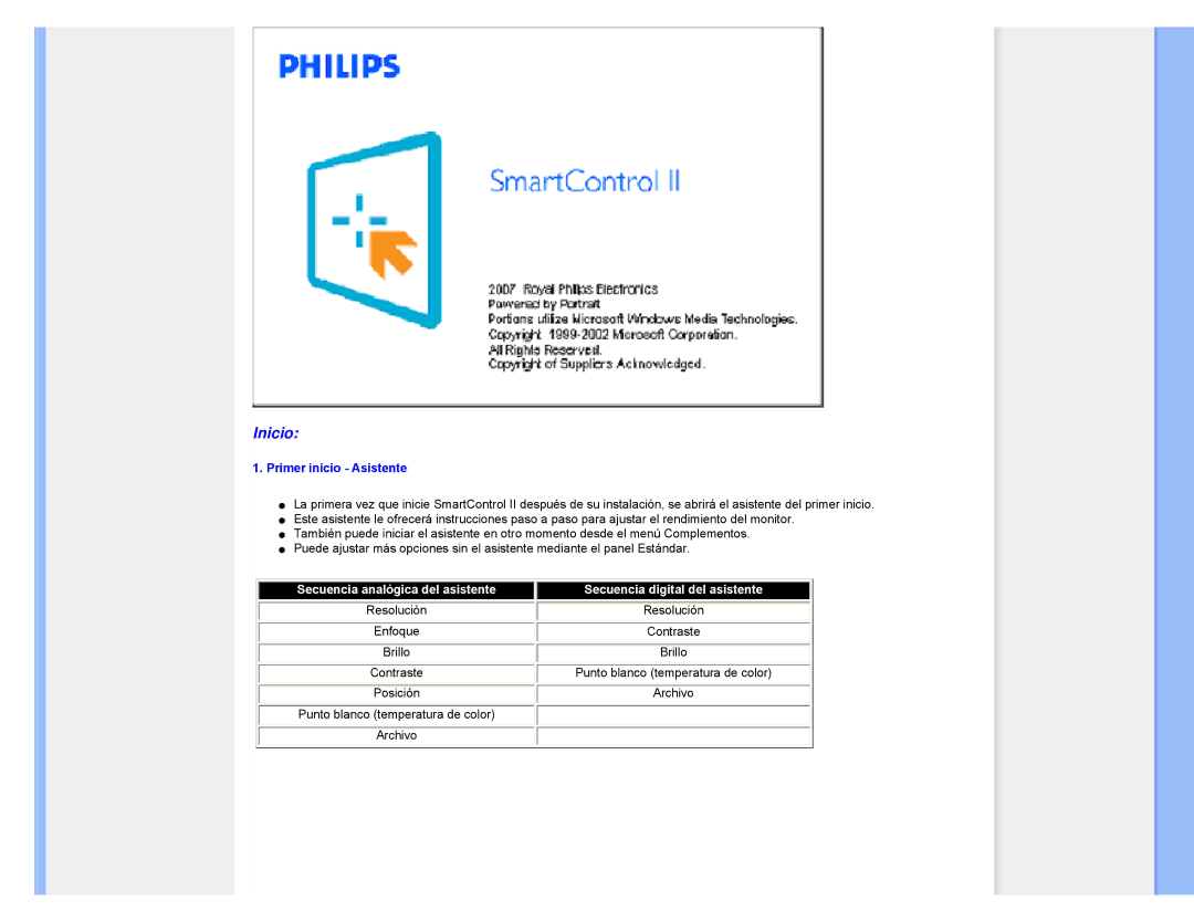 Philips 220CW8 user manual Inicio, Primer inicio Asistente 