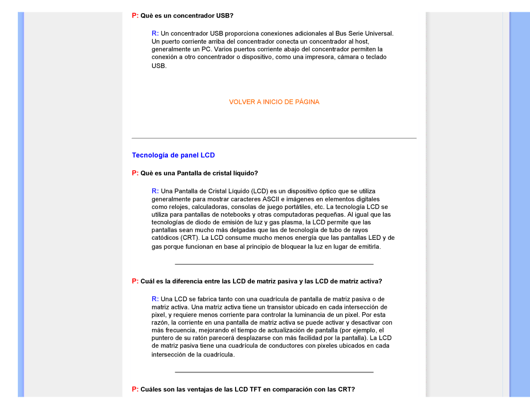 Philips 220CW8 user manual Tecnología de panel LCD, Què es un concentrador USB?, Què es una Pantalla de cristal líquido? 