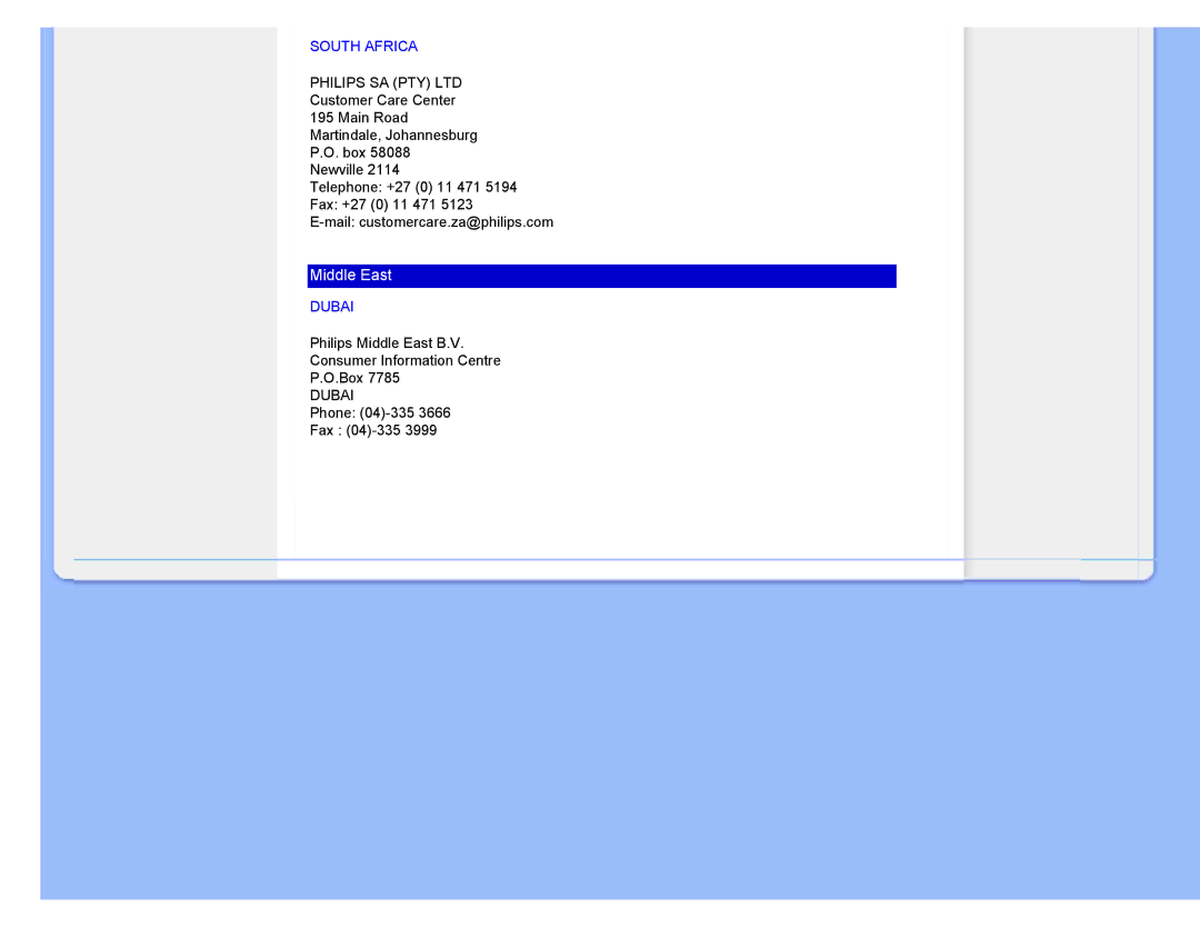 Philips 220CW8 user manual South Africa, Dubai 