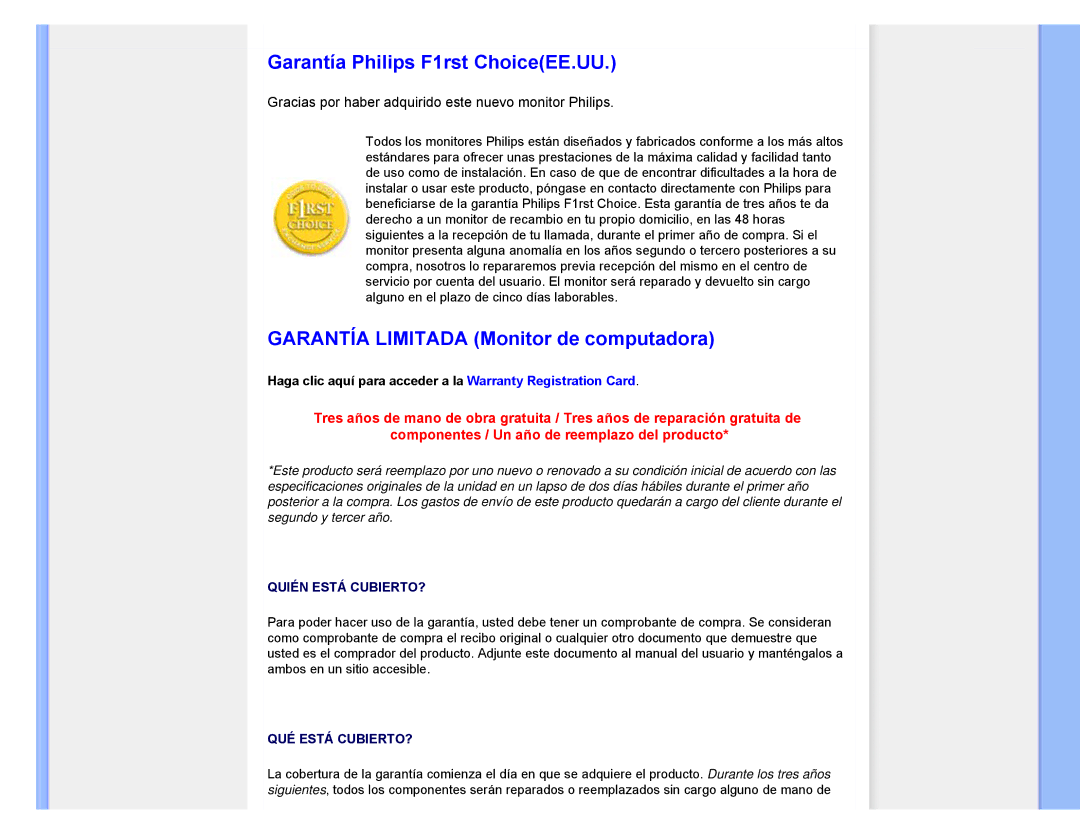 Philips 220CW8 user manual Garantía Philips F1rst ChoiceEE.UU, Garantía Limitada Monitor de computadora 