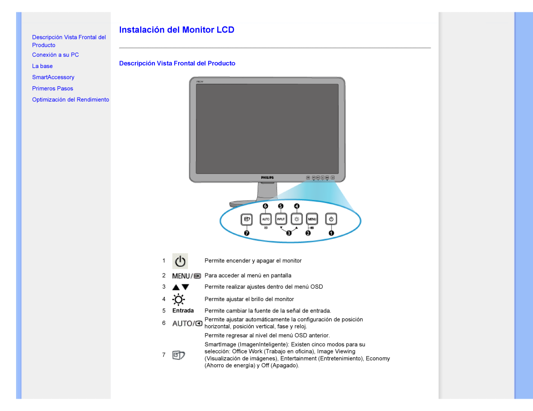 Philips 220CW8 user manual Instalación del Monitor LCD, Descripción Vista Frontal del Producto, 5Entrada 