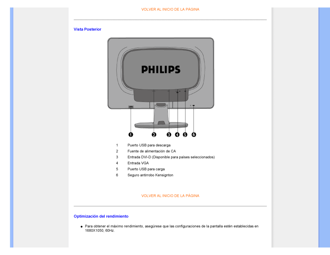 Philips 220CW8 Volver Al Inicio De La Página, Vista Posterior, 1Puerto USB para descarga, 2Fuente de alimentación de CA 