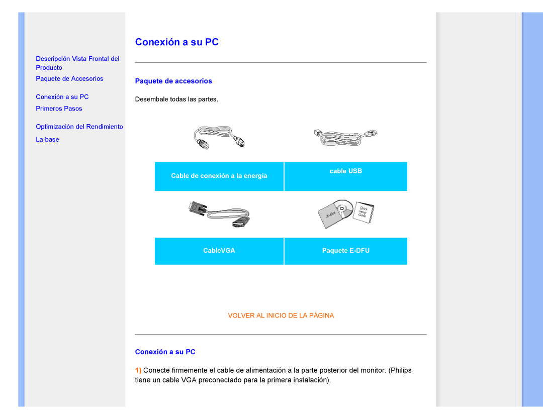 Philips 220CW8 Conexión a su PC, Paquete de accesorios, Descripción Vista Frontal del Producto, Paquete de Accesorios 