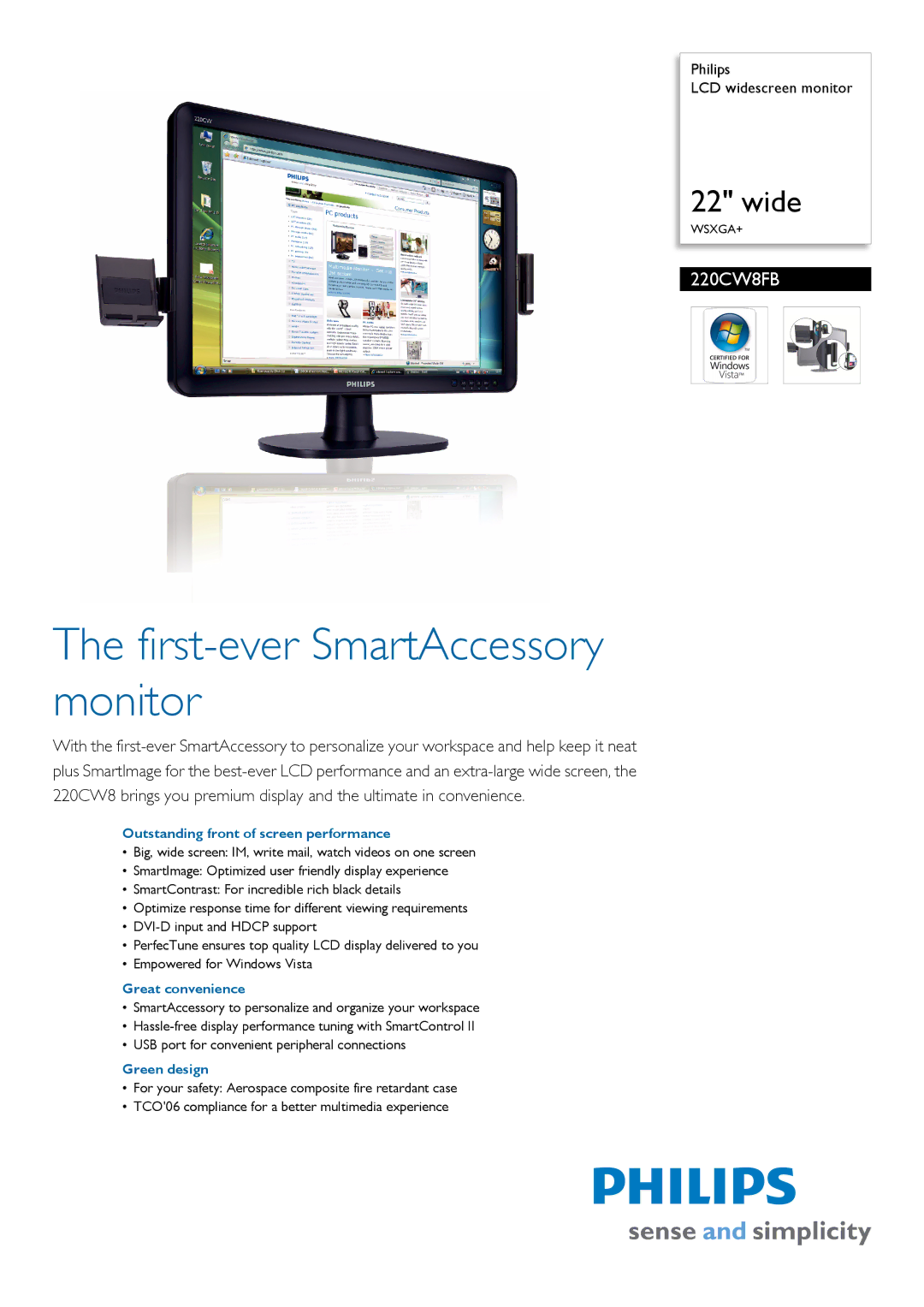 Philips 220CW8FB/00 manual Outstanding front of screen performance, Great convenience, Green design 