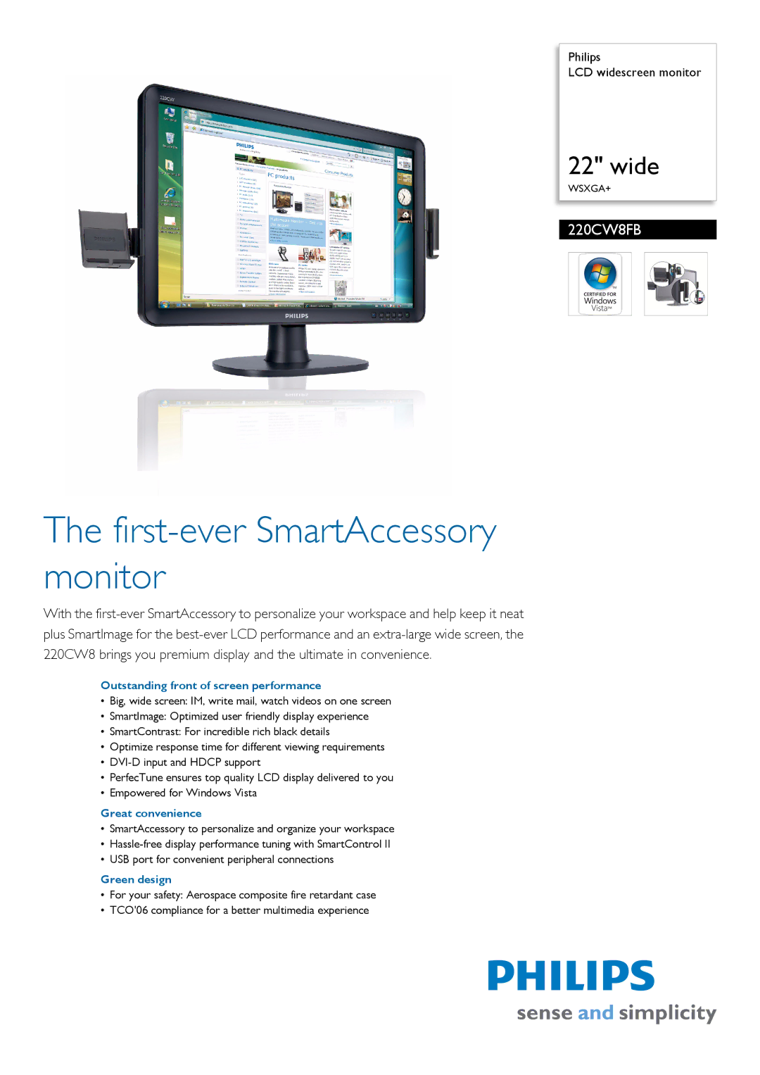 Philips 220CW8FB/05 manual Outstanding front of screen performance, Great convenience, Green design 