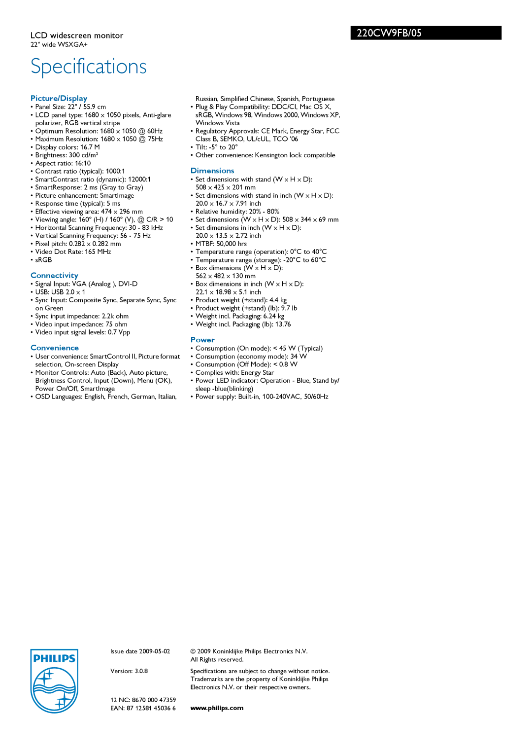 Philips 220CW9FB/05 manual Specifications 