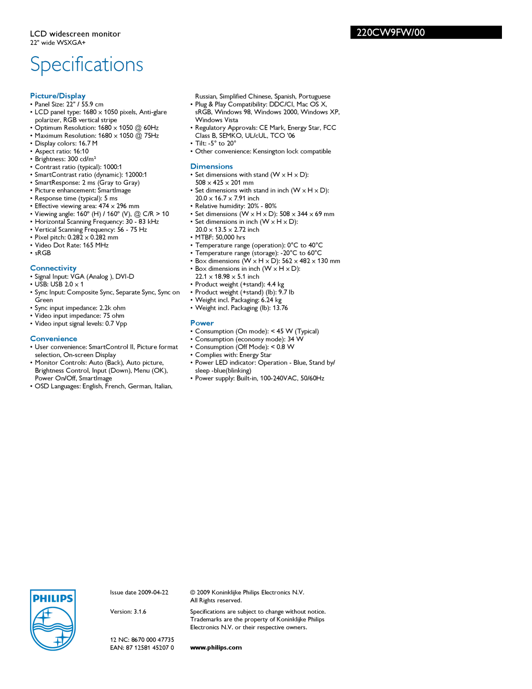 Philips 220CW9FW/00 manual Picture/Display, Connectivity, Convenience, Dimensions, Power 