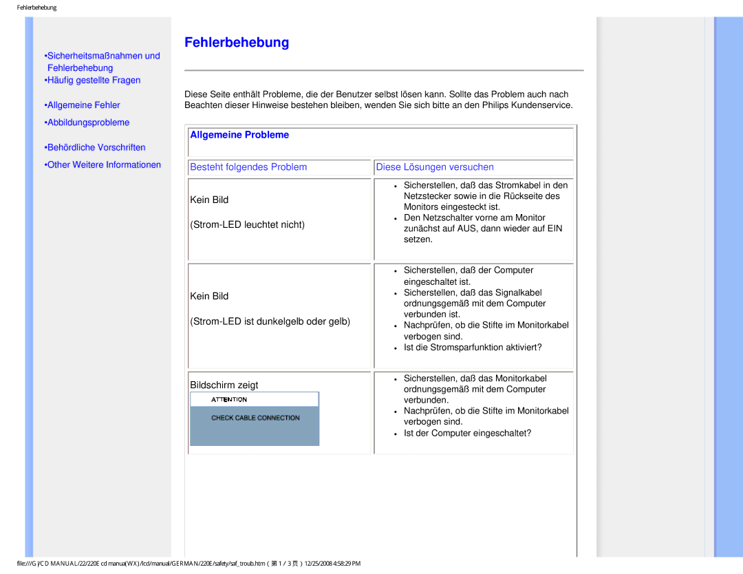 Philips 220E user manual Fehlerbehebung, Allgemeine Probleme 