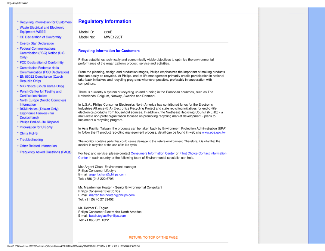 Philips 220E user manual Regulatory Information 