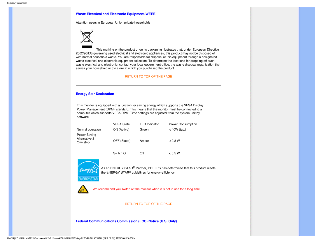 Philips 220E user manual Waste Electrical and Electronic Equipment-WEEE 