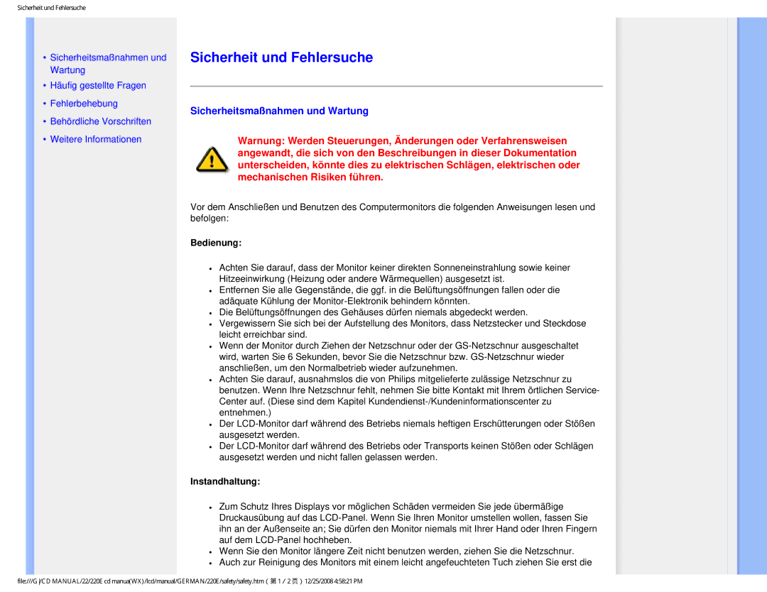 Philips 220E user manual Sicherheit und Fehlersuche, Sicherheitsmaßnahmen und Wartung, Bedienung, Instandhaltung 