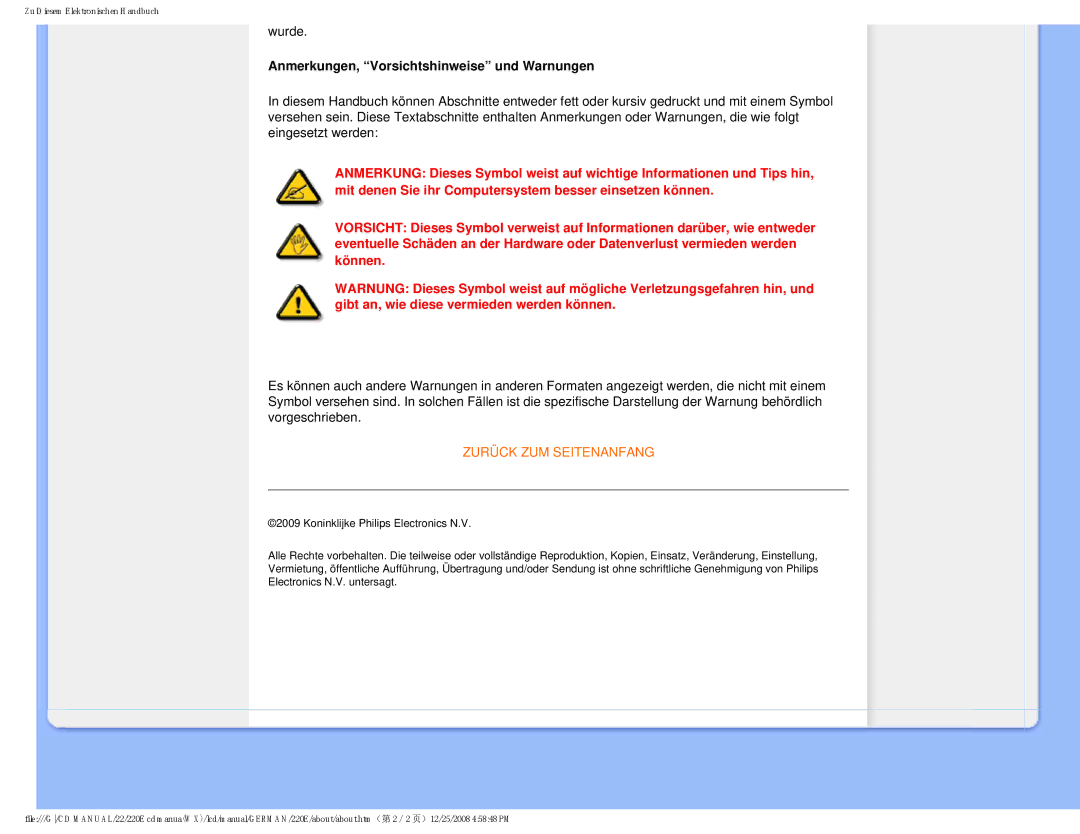 Philips 220E user manual Anmerkungen, Vorsichtshinweise und Warnungen 