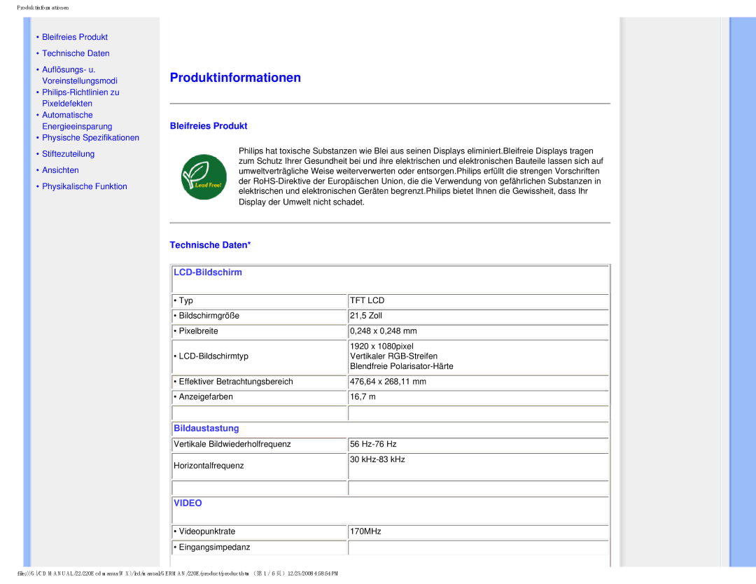 Philips 220E user manual Bleifreies Produkt, Technische Daten 