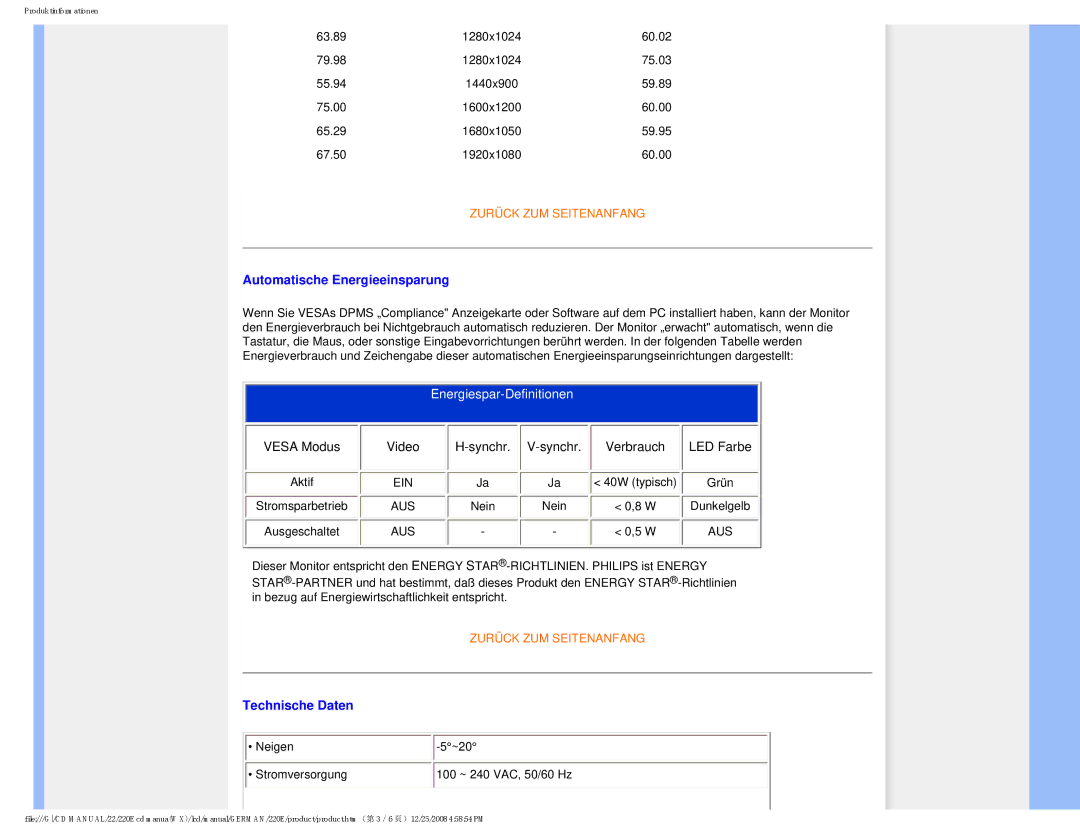 Philips 220E user manual Automatische Energieeinsparung, Energiespar-Definitionen 