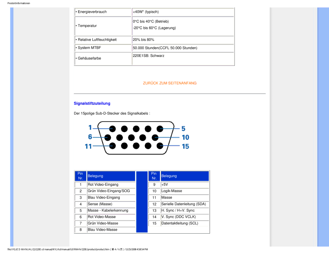 Philips 220E user manual Signalstiftzuteilung 