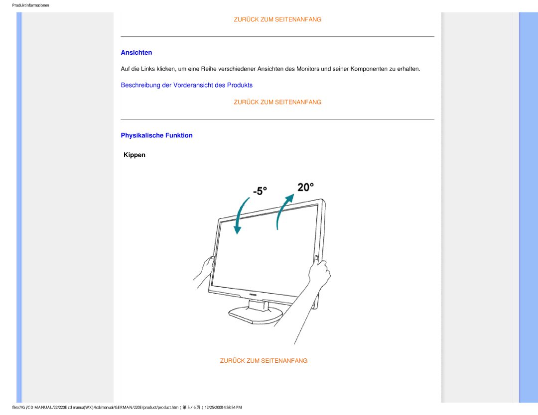 Philips 220E user manual Ansichten, Physikalische Funktion, Kippen 