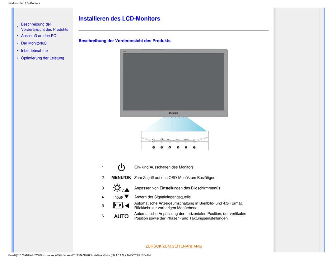 Philips 220E user manual Installieren des LCD-Monitors, Beschreibung der Vorderansicht des Produkts 