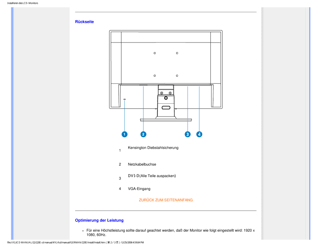 Philips 220E user manual Rückseite, Optimierung der Leistung 