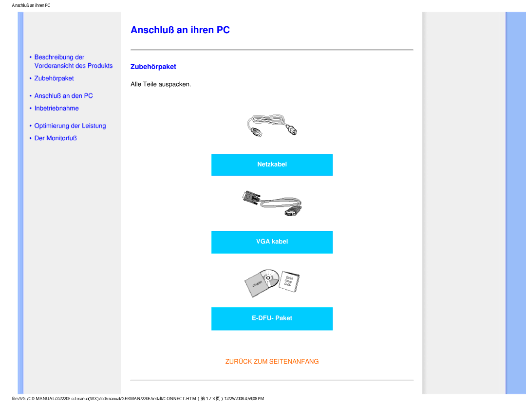 Philips 220E user manual Anschluß an ihren PC, Zubehörpaket 