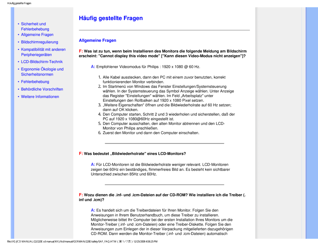 Philips 220E user manual Häufig gestellte Fragen, Allgemeine Fragen, Was bedeutet „Bildwiederholrate eines LCD-Monitors? 