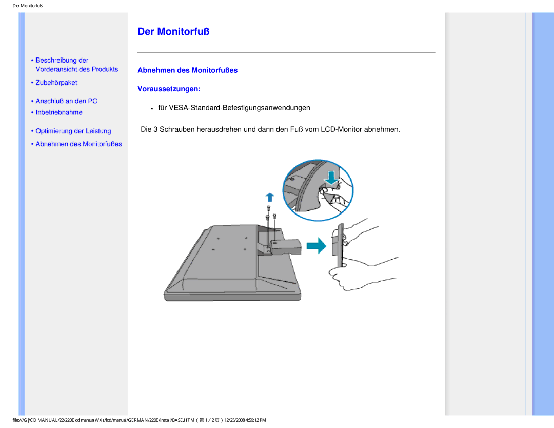 Philips 220E user manual Der Monitorfuß, Abnehmen des Monitorfußes Voraussetzungen 