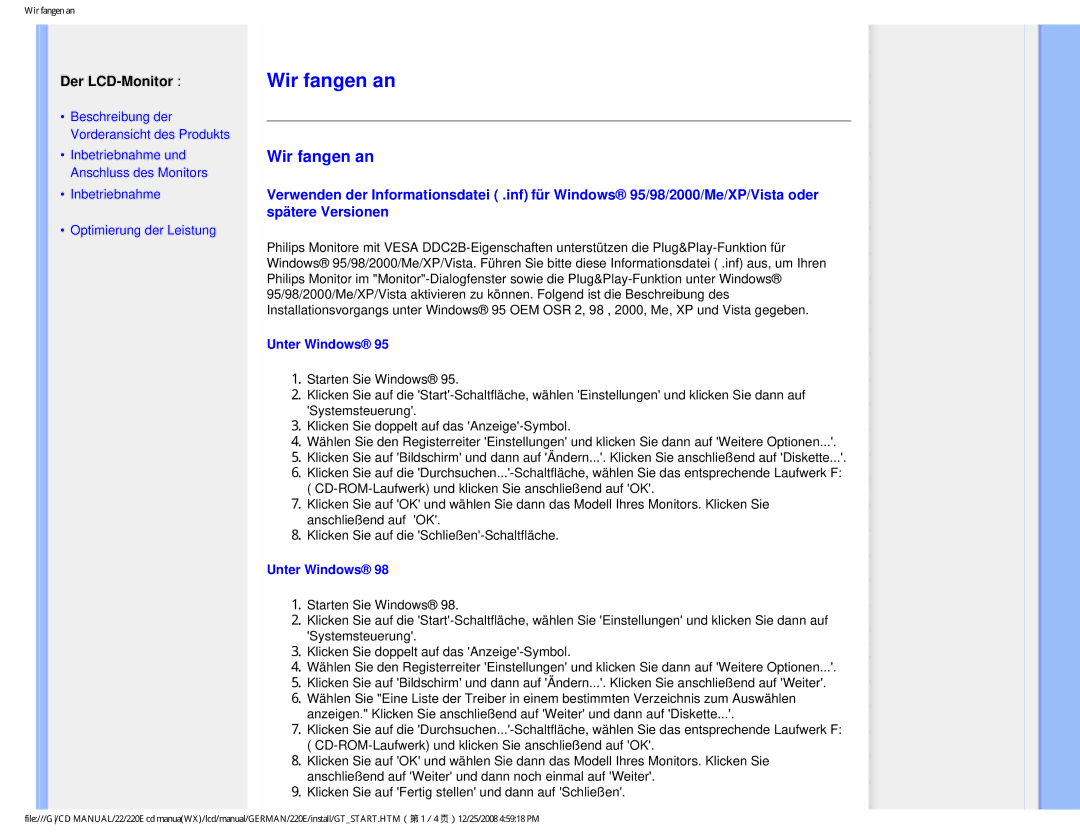 Philips 220E user manual Wir fangen an, Unter Windows 