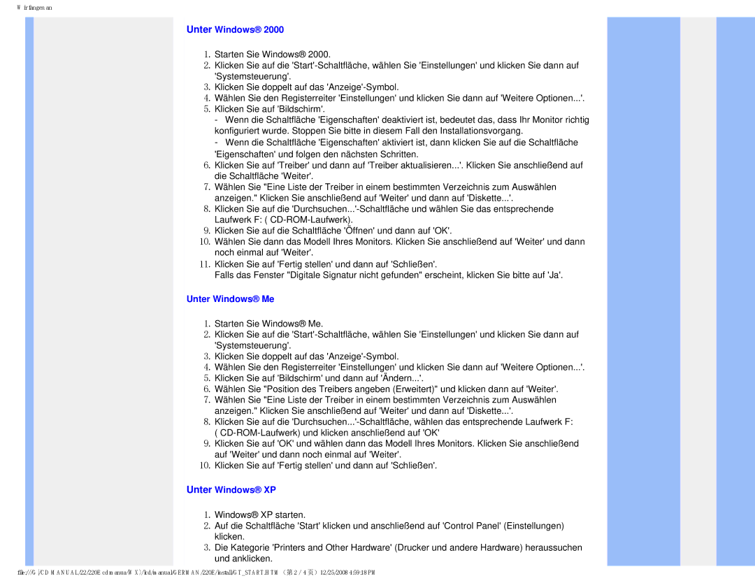 Philips 220E user manual Unter Windows Me, Unter Windows XP 