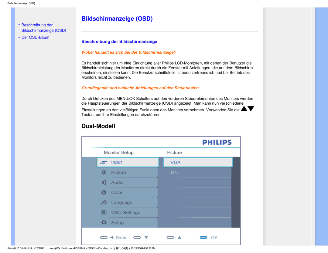 Philips 220E user manual Bildschirmanzeige OSD, Beschreibung der Bildschirmanzeige 