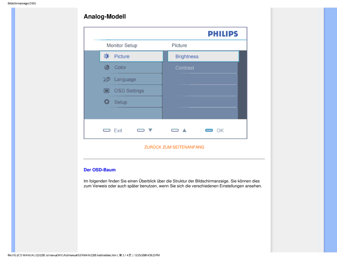 Philips 220E user manual Analog-Modell, Der OSD-Baum 