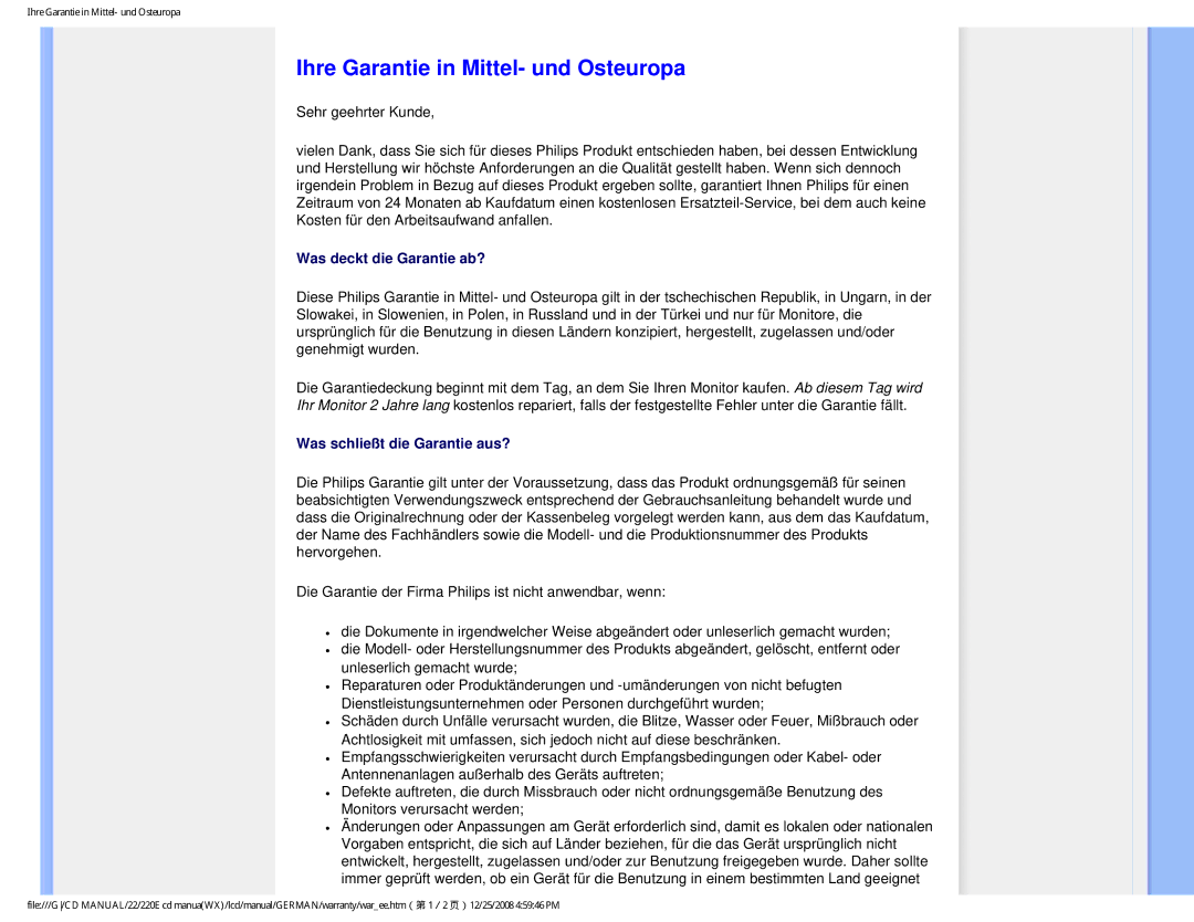 Philips 220E user manual Ihre Garantie in Mittel- und Osteuropa 