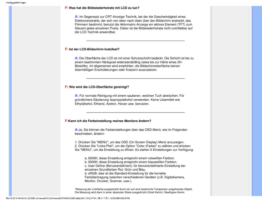 Philips 220E user manual Was hat die Bildwiederholrate mit LCD zu tun?, Ist der LCD-Bildschirm kratzfest? 