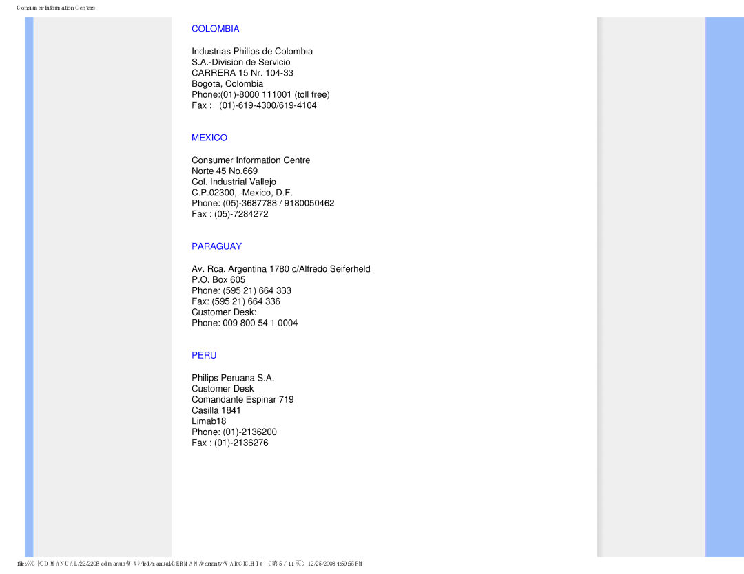 Philips 220E user manual Colombia, Mexico, Paraguay, Peru 