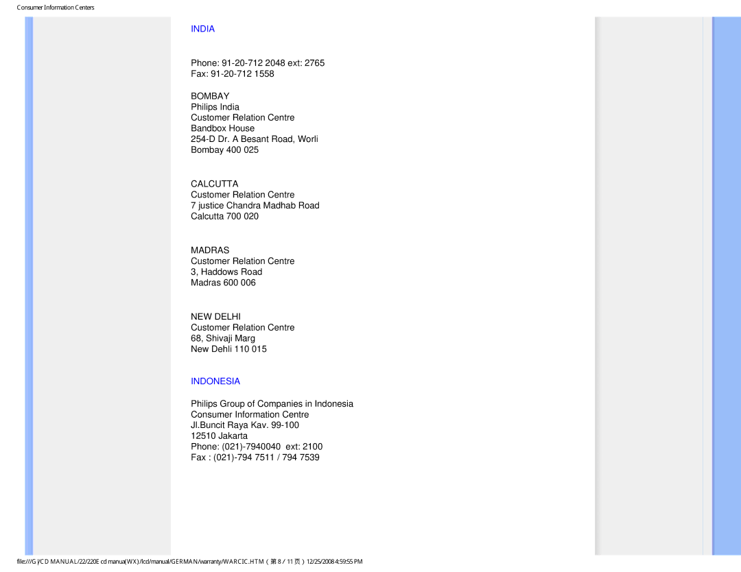 Philips 220E user manual India, Indonesia 