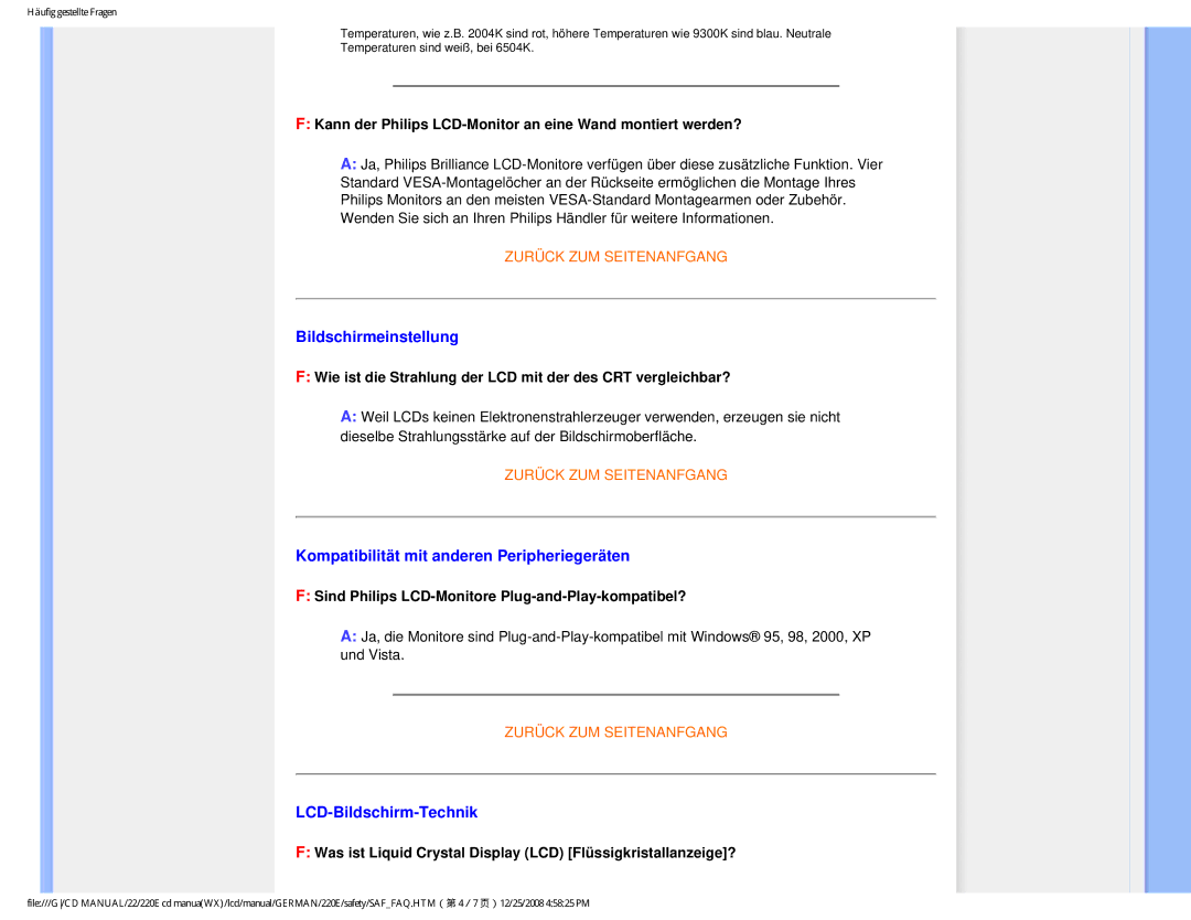 Philips 220E user manual Bildschirmeinstellung, Kompatibilität mit anderen Peripheriegeräten, LCD-Bildschirm-Technik 