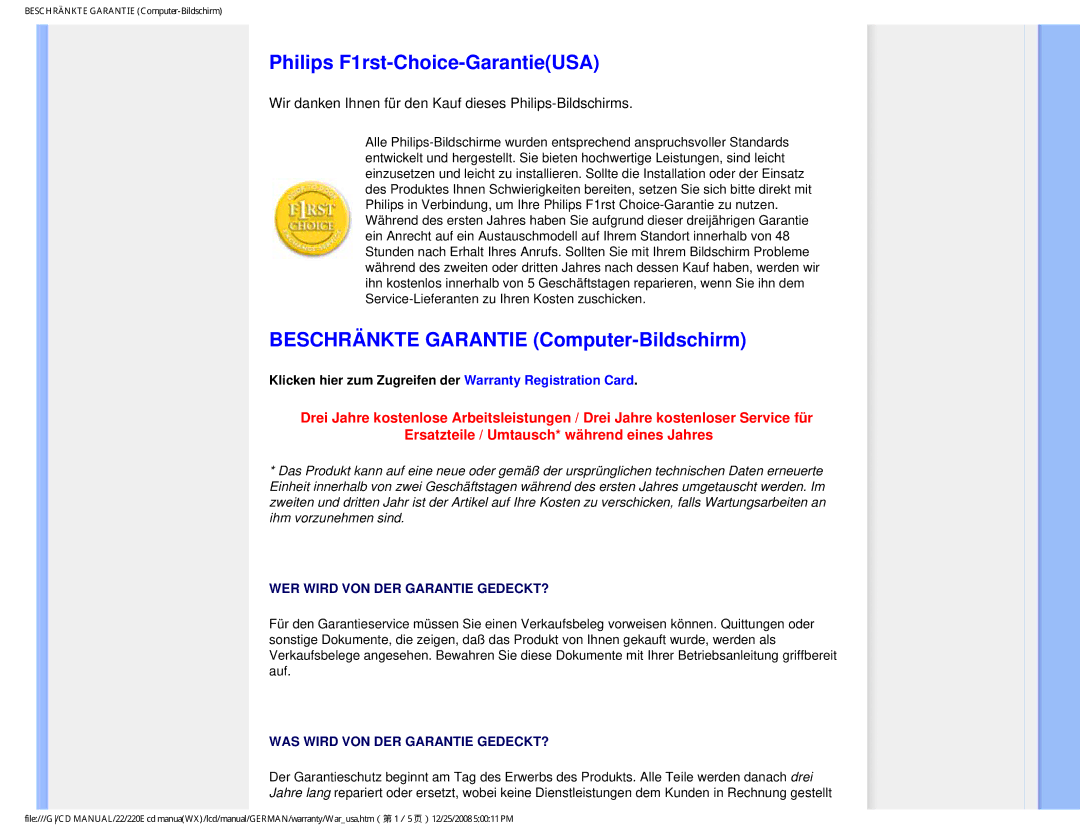 Philips 220E user manual Philips F1rst-Choice-GarantieUSA, Beschränkte Garantie Computer-Bildschirm 