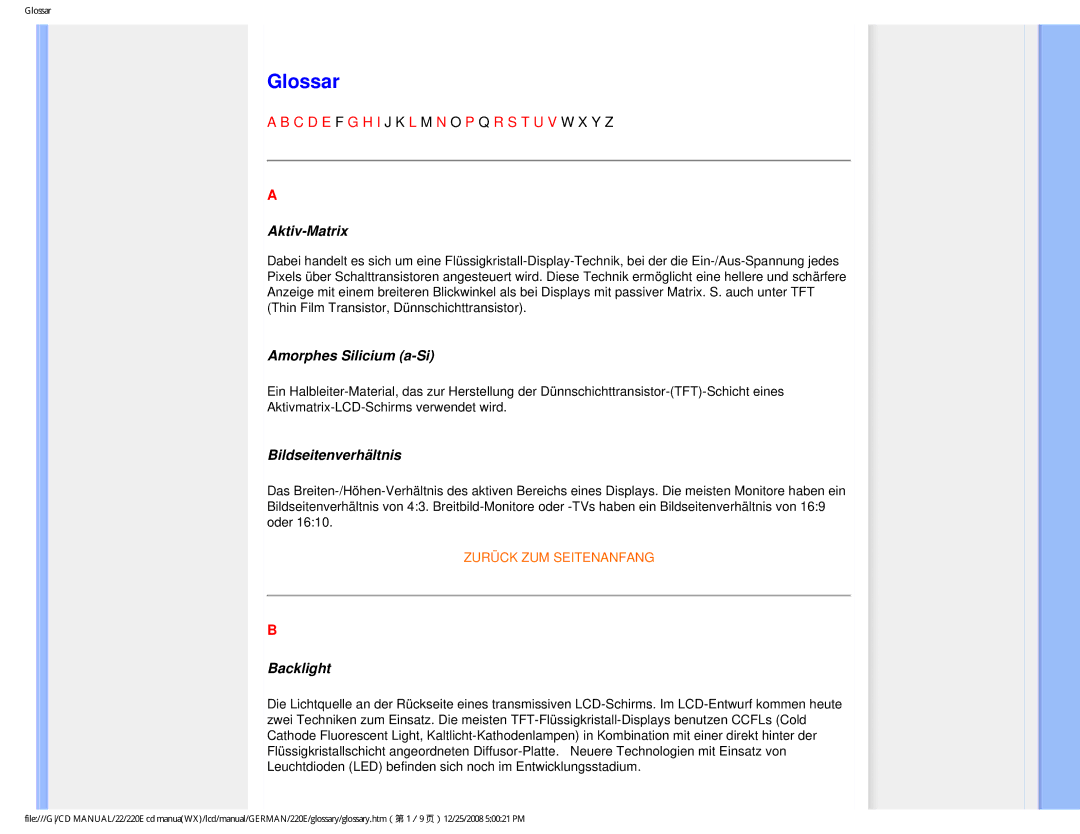 Philips 220E user manual Glossar, Aktiv-Matrix, Amorphes Silicium a-Si, Bildseitenverhältnis, Backlight 