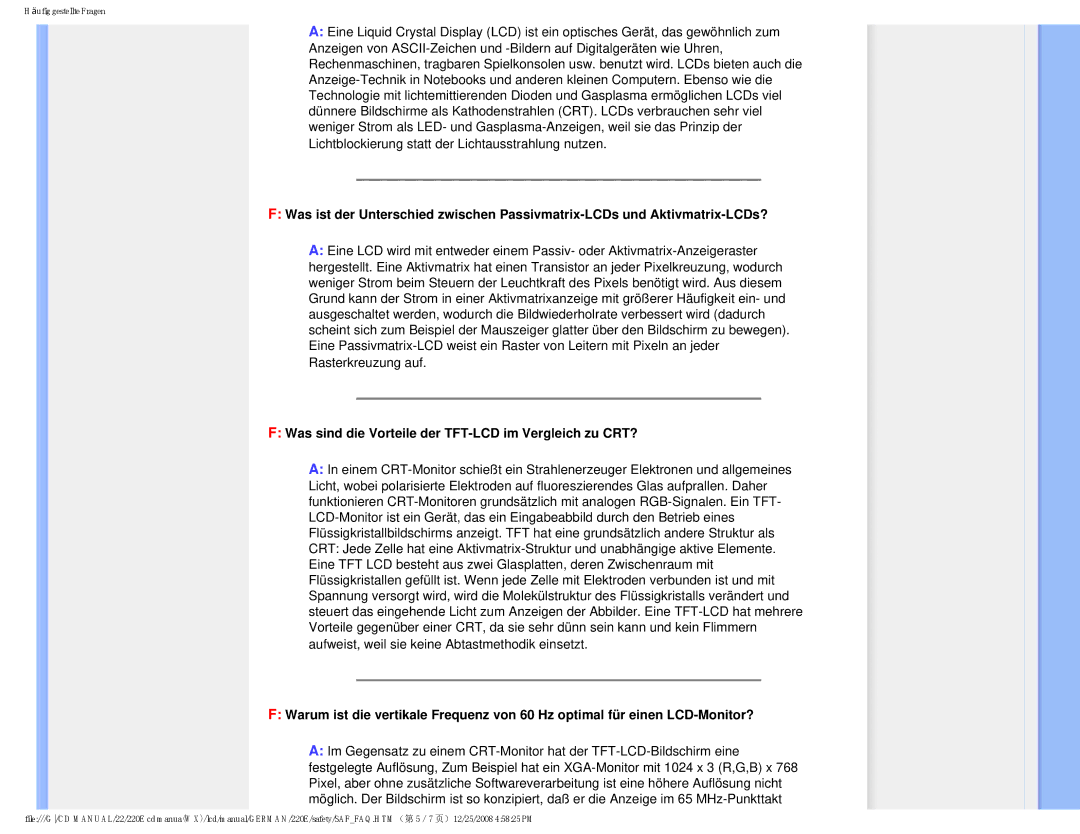 Philips 220E user manual Was sind die Vorteile der TFT-LCD im Vergleich zu CRT? 