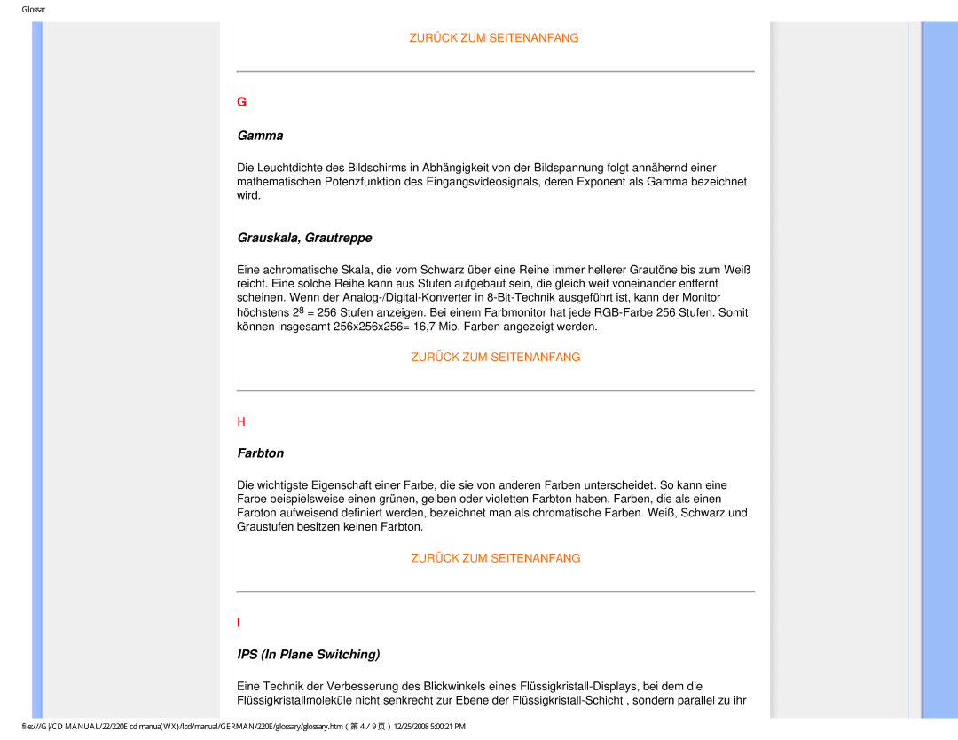 Philips 220E user manual Gamma, Grauskala, Grautreppe, Farbton, IPS In Plane Switching 