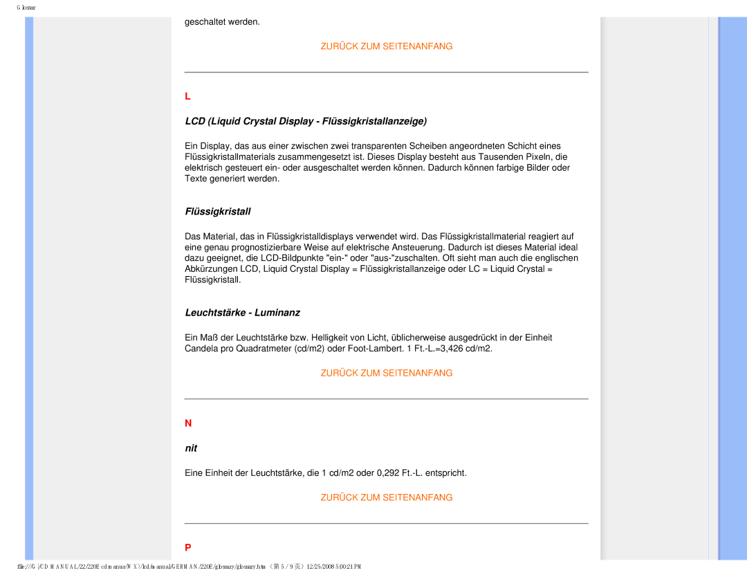 Philips 220E user manual LCD Liquid Crystal Display Flüssigkristallanzeige, Leuchtstärke Luminanz, Nit 