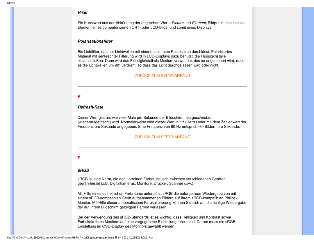 Philips 220E user manual Pixel, Polarisationsfilter, Refresh-Rate, Srgb 