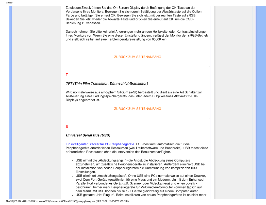 Philips 220E user manual TFT Thin Film Transistor, Dünnschichttransistor, Universal Serial Bus USB 