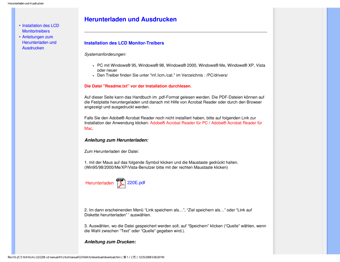 Philips 220E user manual Herunterladen und Ausdrucken, Installation des LCD Monitor-Treibers, Anleitung zum Herunterladen 