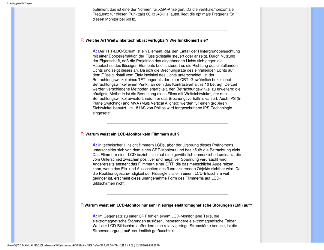 Philips 220E user manual Warum weist ein LCD-Monitor kein Flimmern auf ? 