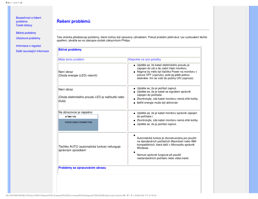 Philips 220E user manual Řešení problémů 